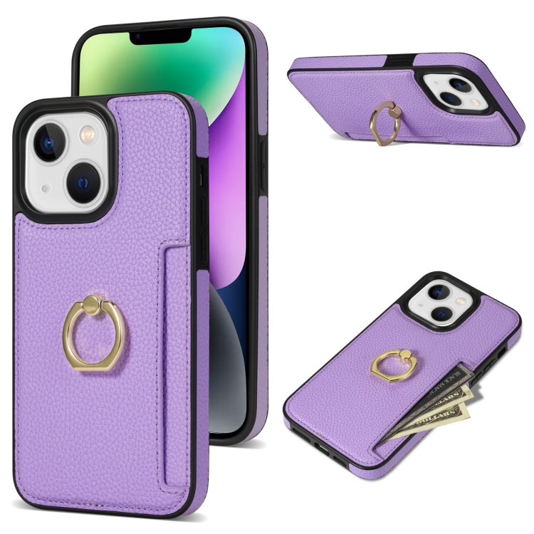 

For iPhone 13 mini Ring Card Litchi Leather Back Phone Case(Purple)