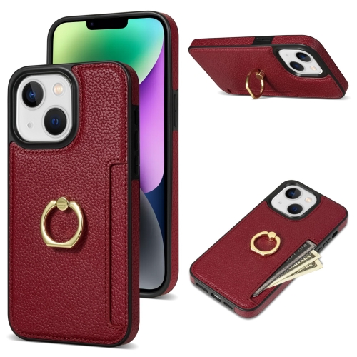 

For iPhone 13 mini Ring Card Litchi Leather Back Phone Case(Red)