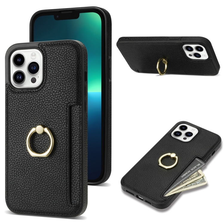 

For iPhone 12 Pro Ring Card Litchi Leather Back Phone Case(Black)