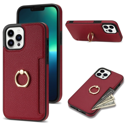 

For iPhone 12 Pro Ring Card Litchi Leather Back Phone Case(Red)