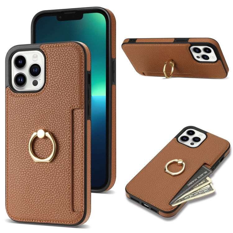 

For iPhone 12 Pro Ring Card Litchi Leather Back Phone Case(Brown)