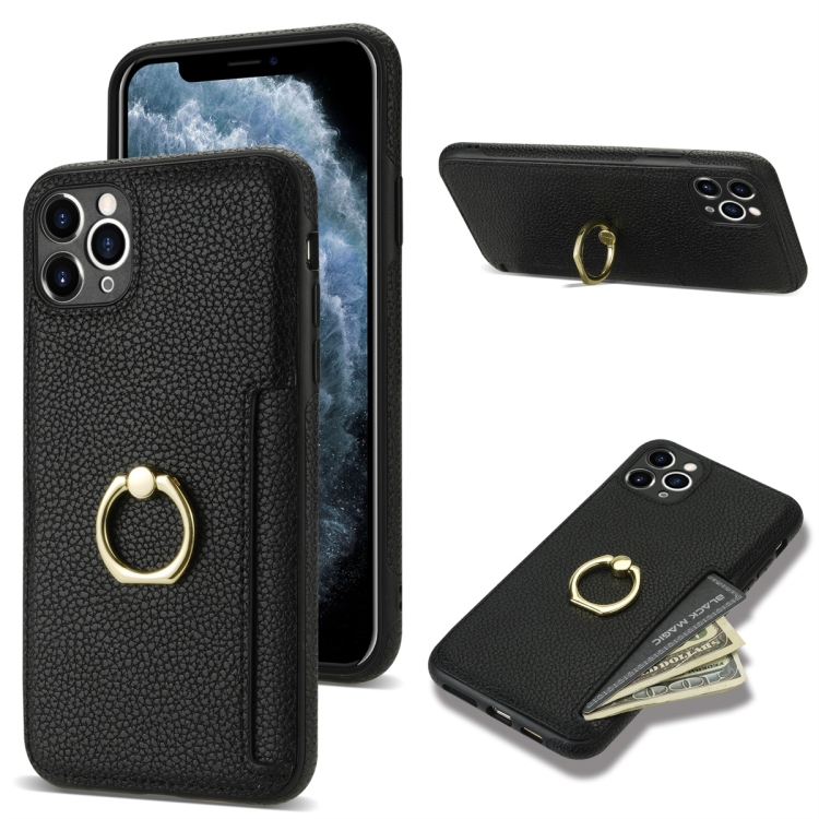 

For iPhone 11 Pro Max Ring Card Litchi Leather Back Phone Case(Black)