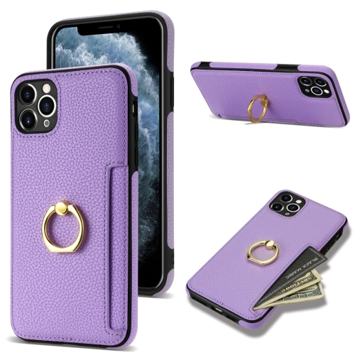 For iPhone 11 Pro Max Ring Card  Litchi Leather Back Phone Case(Purple) for iphone 13 pro max bf25 square plaid card bag holder phone case purple