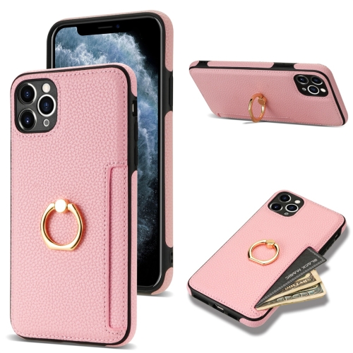 

For iPhone 11 Pro Max Ring Card Litchi Leather Back Phone Case(Pink)