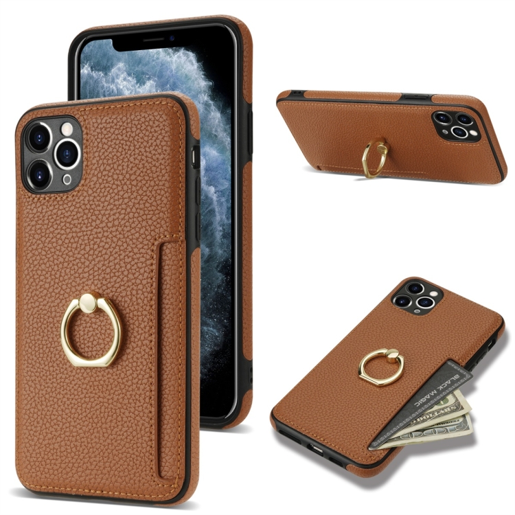 

For iPhone 11 Pro Max Ring Card Litchi Leather Back Phone Case(Brown)