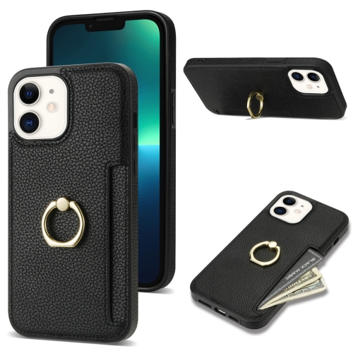 For iPhone 11 Ring Card  Litchi Leather Back Phone Case(Black) tussten 4mm tungsten carbide steel ring black inlaid gold color foil wedding ring for men and women jewelry wholesale