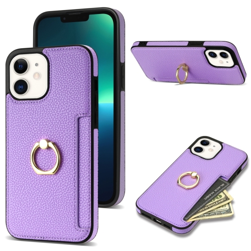 For iPhone 11 Ring Card  Litchi Leather Back Phone Case(Purple)