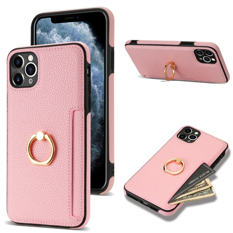 

For iPhone 11 Pro Ring Card Litchi Leather Back Phone Case(Pink)