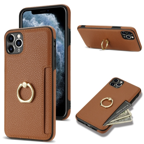 

For iPhone 11 Pro Ring Card Litchi Leather Back Phone Case(Brown)