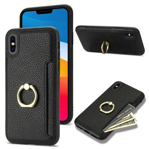 

For iPhone XR Ring Card Litchi Leather Back Phone Case(Black)