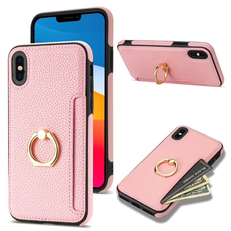 

For iPhone XR Ring Card Litchi Leather Back Phone Case(Pink)