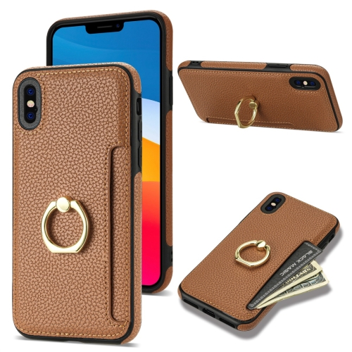 

For iPhone XR Ring Card Litchi Leather Back Phone Case(Brown)