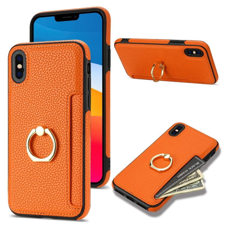 

For iPhone XS Max Ring Card Litchi Leather Back Phone Case(Orange)