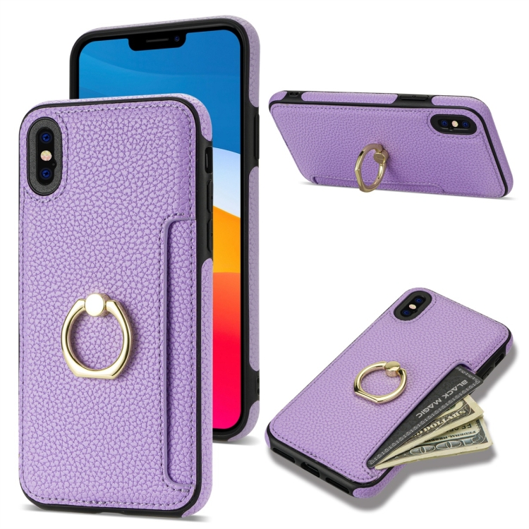 

For iPhone XS Max Ring Card Litchi Leather Back Phone Case(Purple)