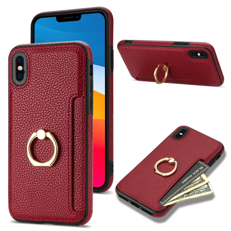 

For iPhone XS Max Ring Card Litchi Leather Back Phone Case(Red)