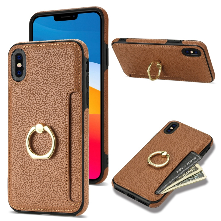 

For iPhone XS Max Ring Card Litchi Leather Back Phone Case(Brown)