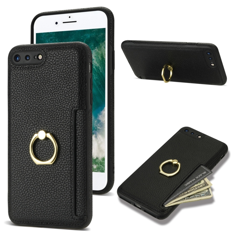 

For iPhone 8 Plus / 7 Plus Ring Card Litchi Leather Back Phone Case(Black)