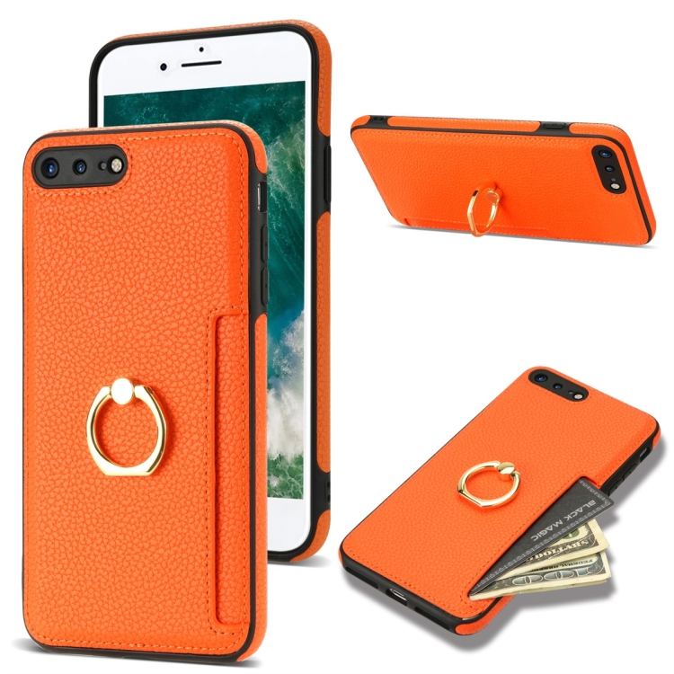 

For iPhone 8 Plus / 7 Plus Ring Card Litchi Leather Back Phone Case(Orange)