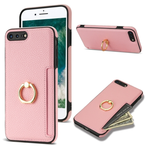 

For iPhone 8 Plus / 7 Plus Ring Card Litchi Leather Back Phone Case(Pink)