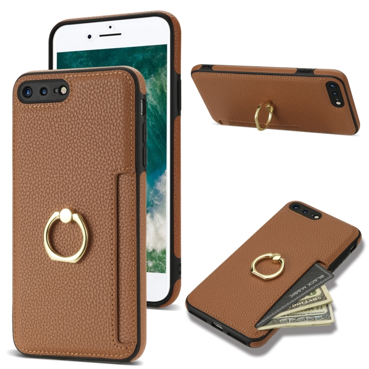

For iPhone 8 Plus / 7 Plus Ring Card Litchi Leather Back Phone Case(Brown)