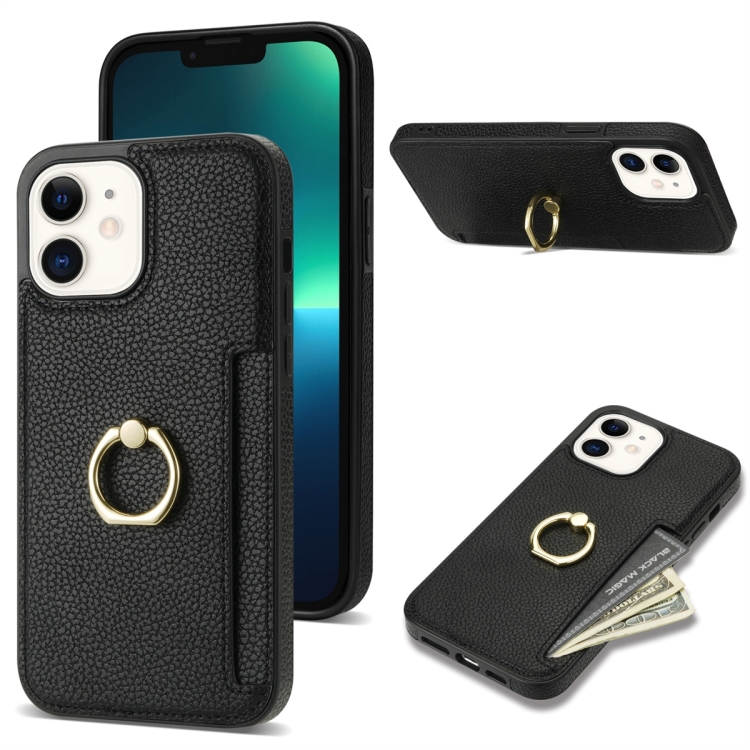 

For iPhone 12 Ring Card Litchi Leather Back Phone Case(Black)