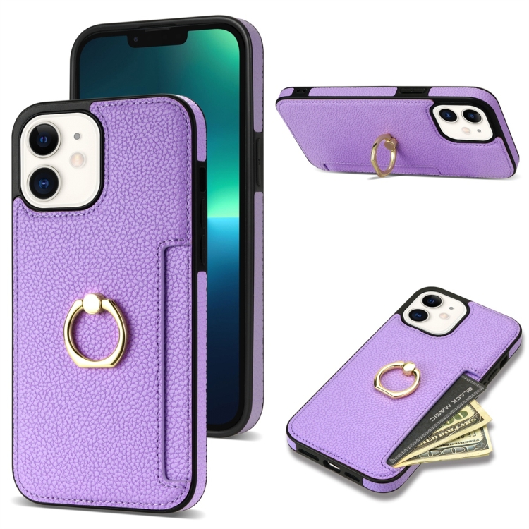 

For iPhone 12 Ring Card Litchi Leather Back Phone Case(Purple)