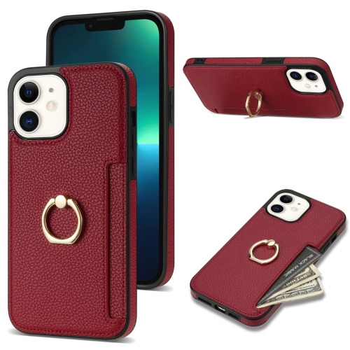 

For iPhone 12 Ring Card Litchi Leather Back Phone Case(Red)