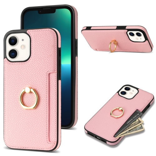 For iPhone 12 Ring Card  Litchi Leather Back Phone Case(Pink)