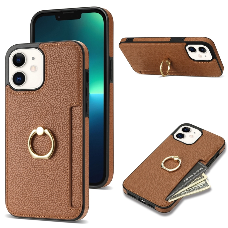 

For iPhone 12 Ring Card Litchi Leather Back Phone Case(Brown)