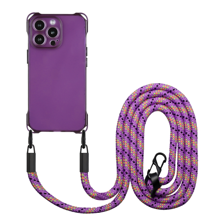 

For iPhone 15 Pro Max Four-corner Shockproof TPU Phone Case with Lanyard(Purple)