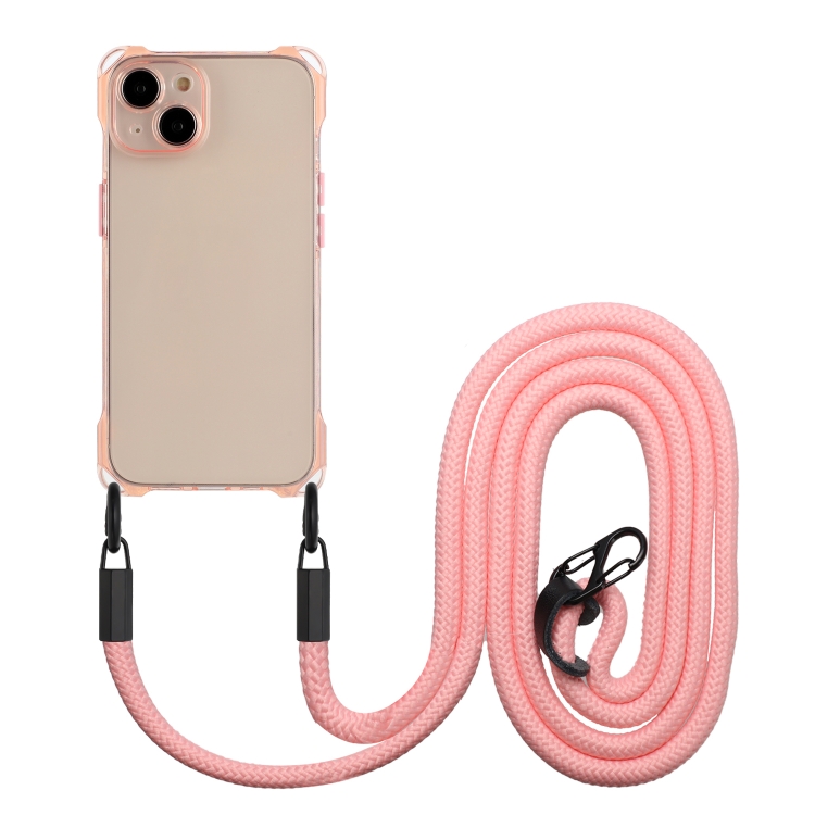 

For iPhone 15 Four-corner Shockproof TPU Phone Case with Lanyard(Pink)