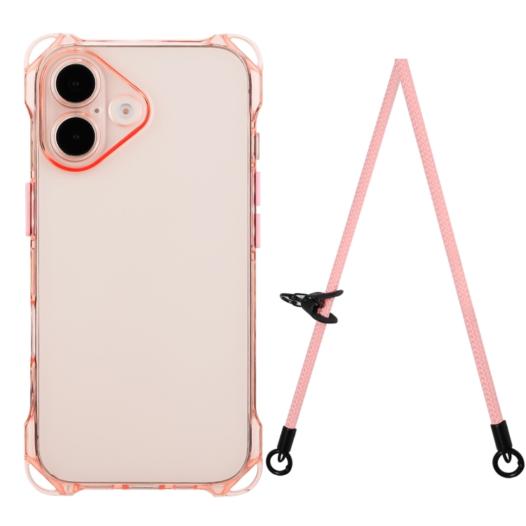 

For iPhone 16 Plus Four-corner Shockproof TPU Phone Case with Lanyard(Pink)