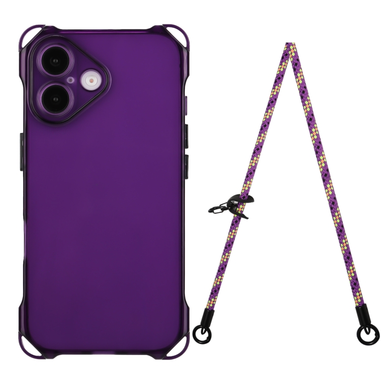 

For iPhone 16 Four-corner Shockproof TPU Phone Case with Lanyard(Purple)