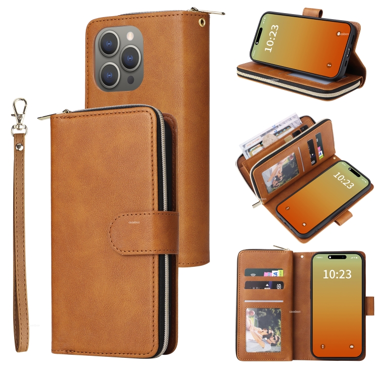 

For iPhone 15 Pro Max 9 Card Slots Zipper Wallet Bag Leather Phone Case(Brown)