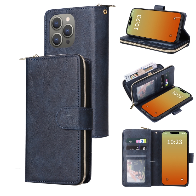 

For iPhone 15 Pro 9 Card Slots Zipper Wallet Bag Leather Phone Case(Blue)
