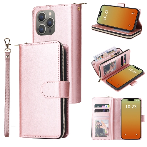 

For iPhone 15 Pro 9 Card Slots Zipper Wallet Bag Leather Phone Case(Rose Gold)