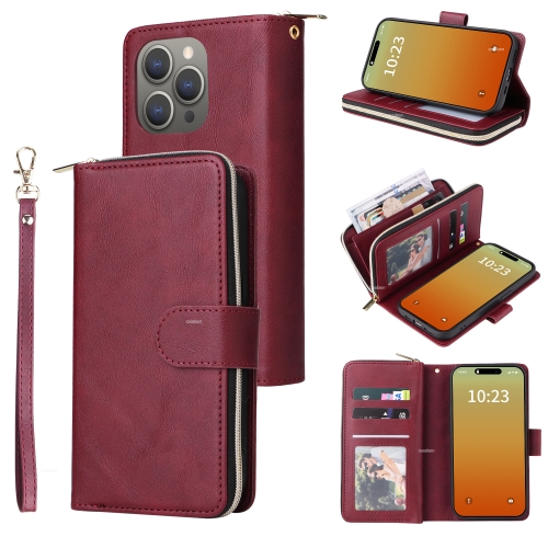 

For iPhone 15 Pro 9 Card Slots Zipper Wallet Bag Leather Phone Case(Wine Red)