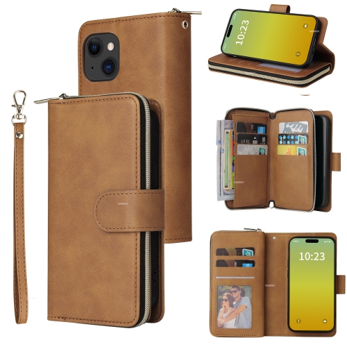 

For iPhone 15 Plus 9 Card Slots Zipper Wallet Bag Leather Phone Case(Brown)