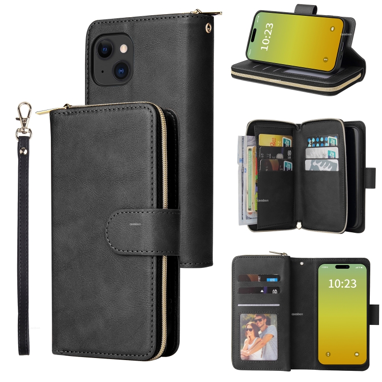 

For iPhone 15 9 Card Slots Zipper Wallet Bag Leather Phone Case(Black)