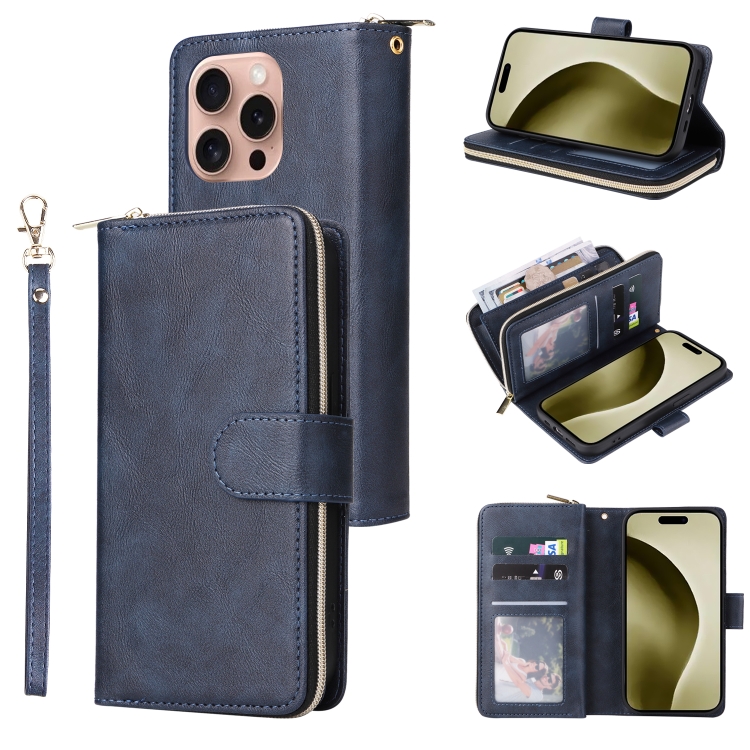 

For iPhone 16 Pro 9 Card Slots Zipper Wallet Bag Leather Phone Case(Blue)