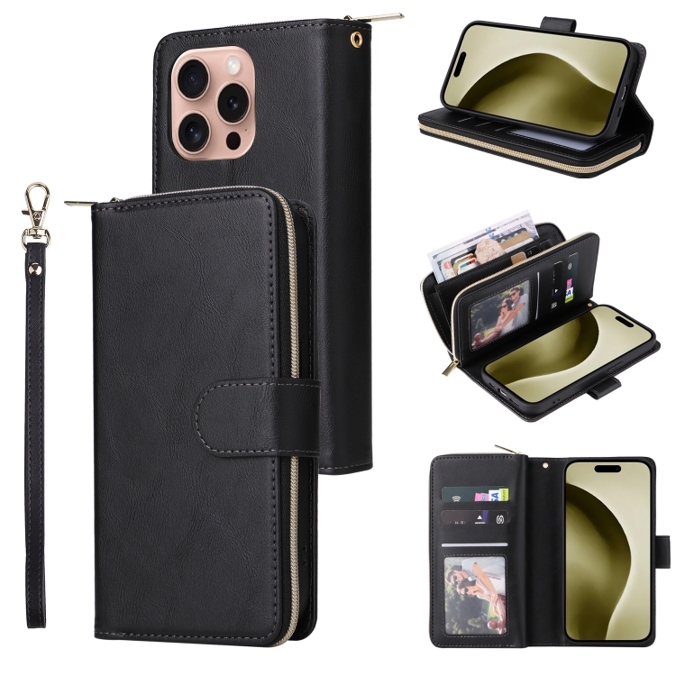 

For iPhone 16 Pro 9 Card Slots Zipper Wallet Bag Leather Phone Case(Black)