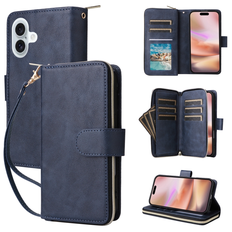

For iPhone 16 Plus 9 Card Slots Zipper Wallet Bag Leather Phone Case(Blue)