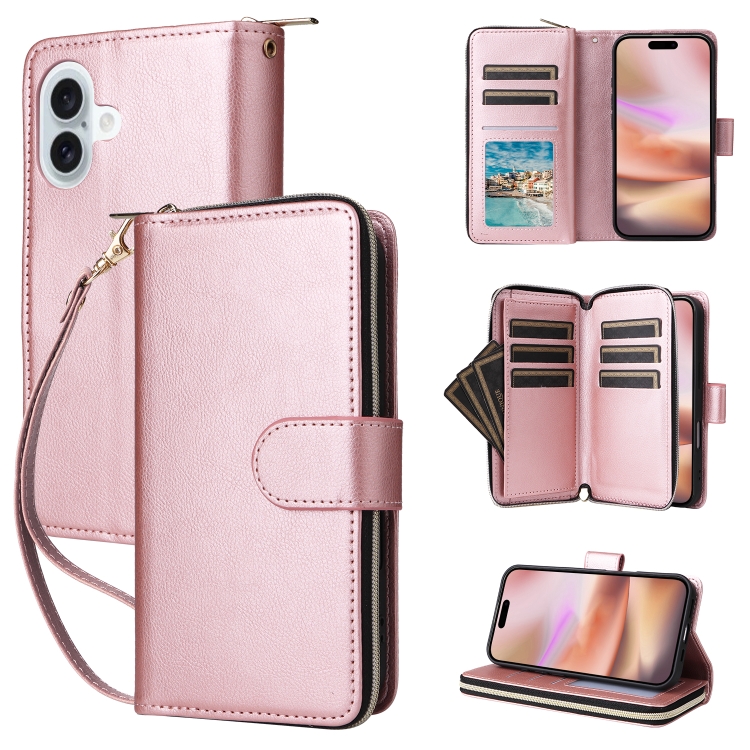 

For iPhone 16 Plus 9 Card Slots Zipper Wallet Bag Leather Phone Case(Rose Gold)