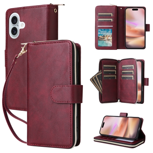 

For iPhone 16 Plus 9 Card Slots Zipper Wallet Bag Leather Phone Case(Wine Red)