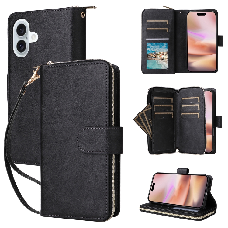 

For iPhone 16 Plus 9 Card Slots Zipper Wallet Bag Leather Phone Case(Black)