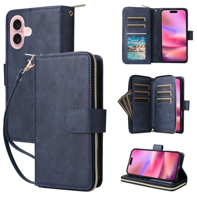 

For iPhone 16 9 Card Slots Zipper Wallet Bag Leather Phone Case(Blue)