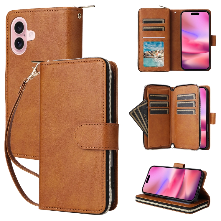 

For iPhone 16 9 Card Slots Zipper Wallet Bag Leather Phone Case(Brown)