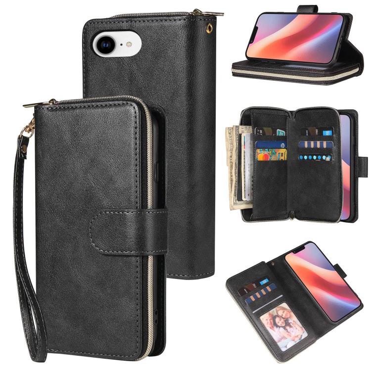 

For iPhone 17e / 16e 9 Card Slots Zipper Wallet Bag Leather Phone Case(Black)