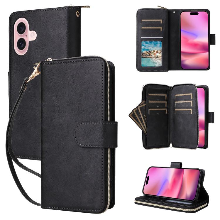 

For iPhone 17 9 Card Slots Zipper Wallet Bag Leather Phone Case(Black)