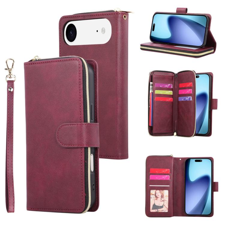 

For iPhone Air 9 Card Slots Zipper Wallet Bag Leather Phone Case(Wine Red)